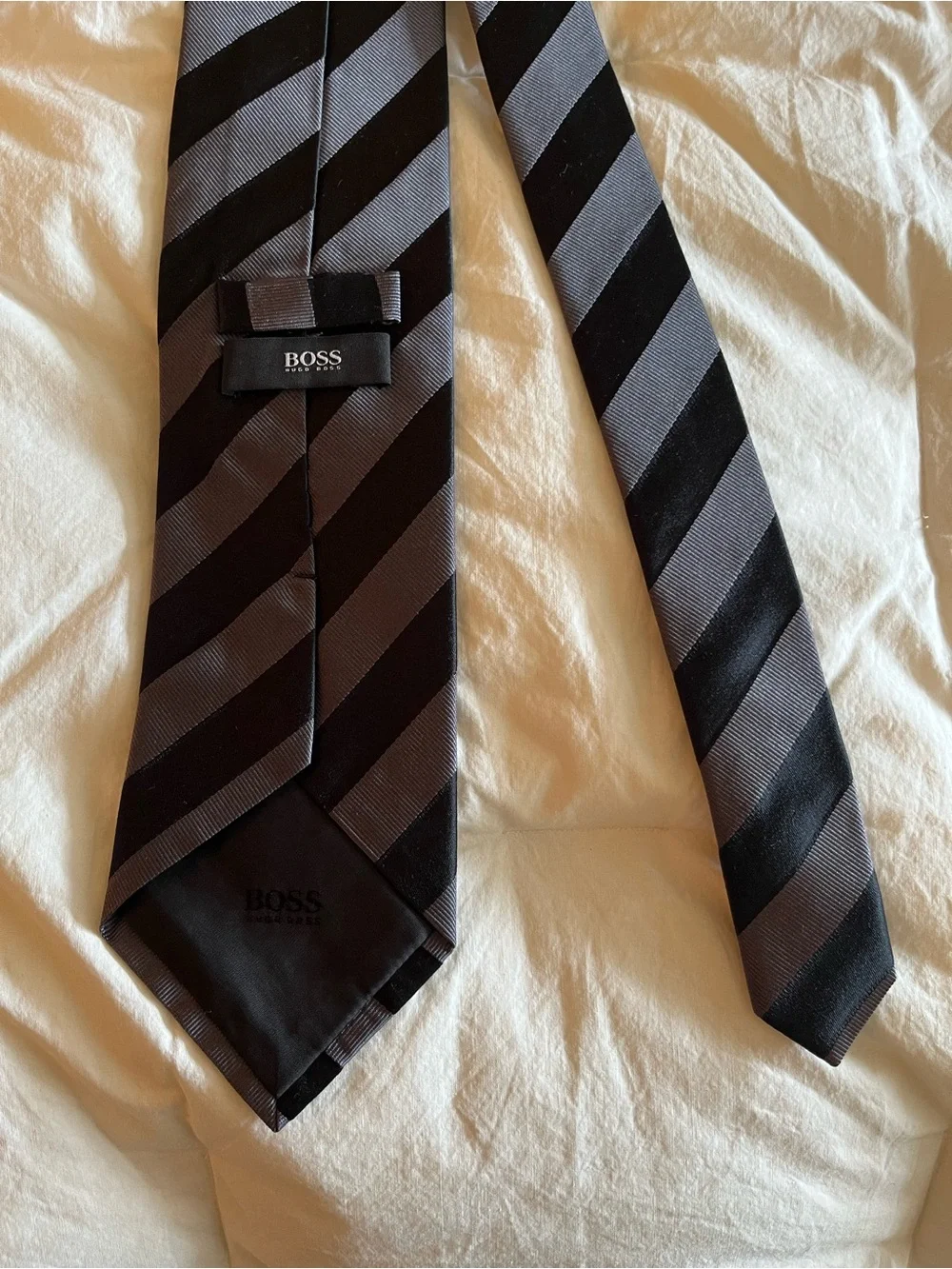 Hugo Boss Black Gray Striped 100% Silk Tie Made in Italy